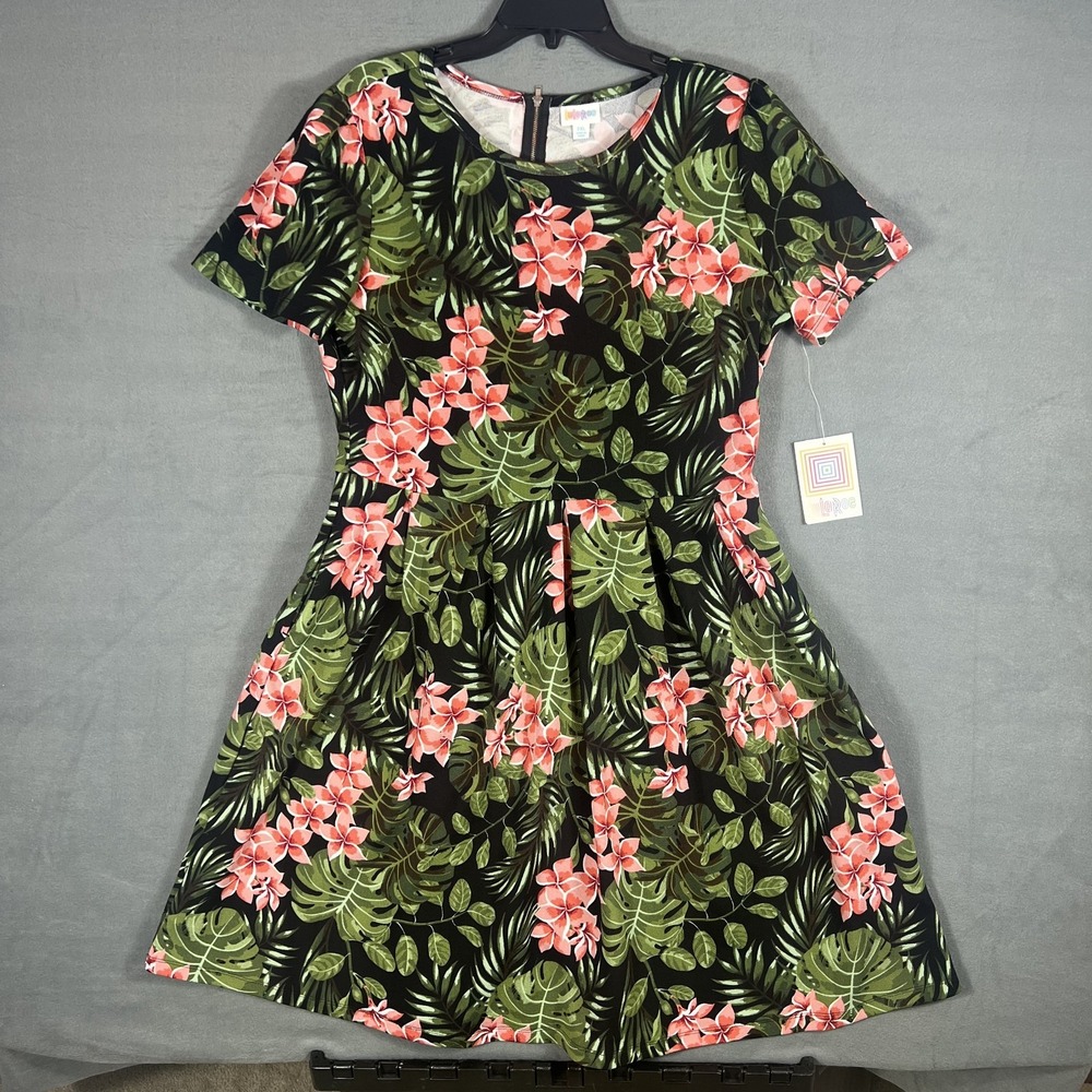 LuLaRoe Amelia Dress 2XL Black Green Coral Tropical Floral Pleated Zipper NWT
